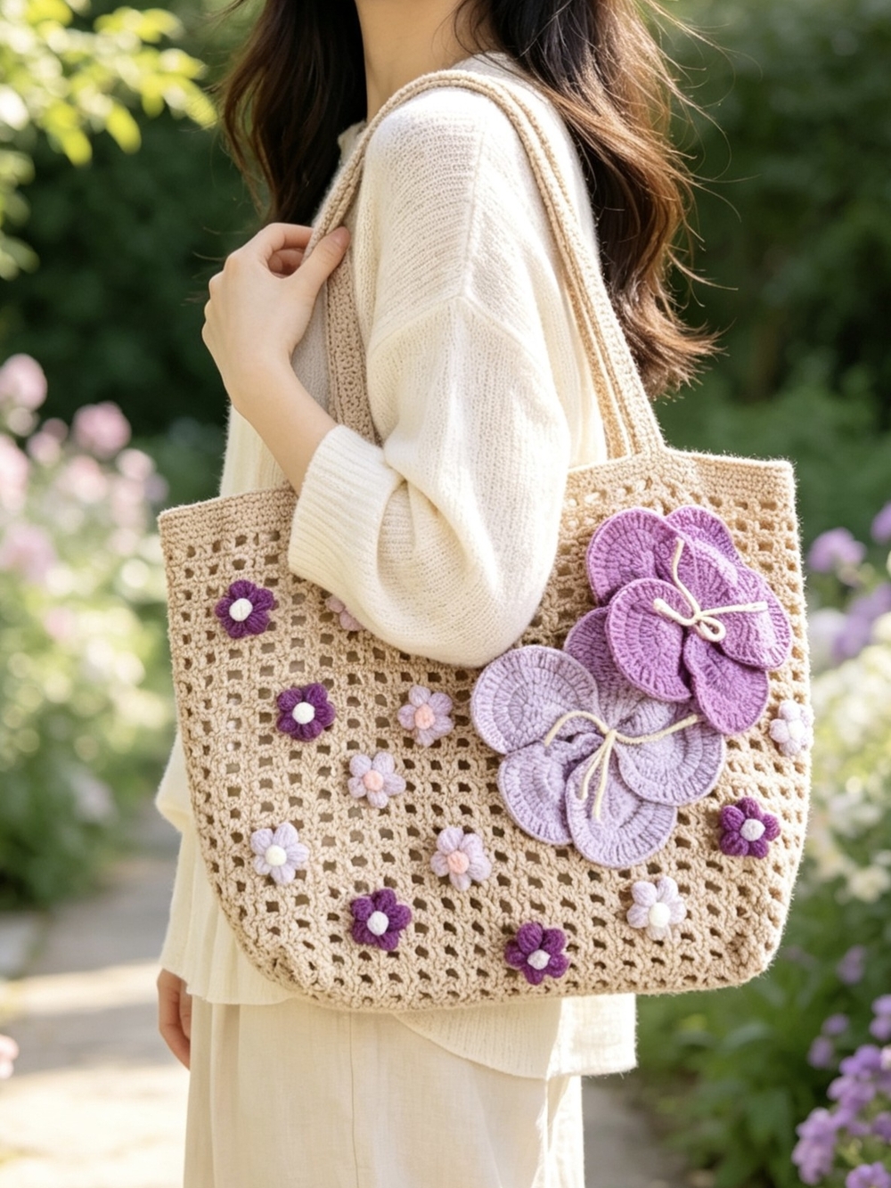 Handmade Crochet Tote Bag with Purple Floral Accents Boho Shoulder Bag